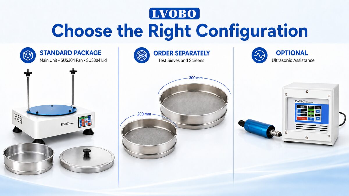 BO-300SYB standard package separate test sieves and optional ultrasonic assistance