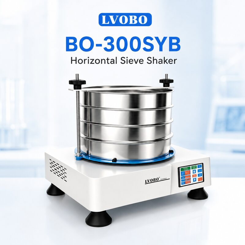 : LVOBO BO-300SYB horizontal sieve shaker with three test sieve frames on a white studio background