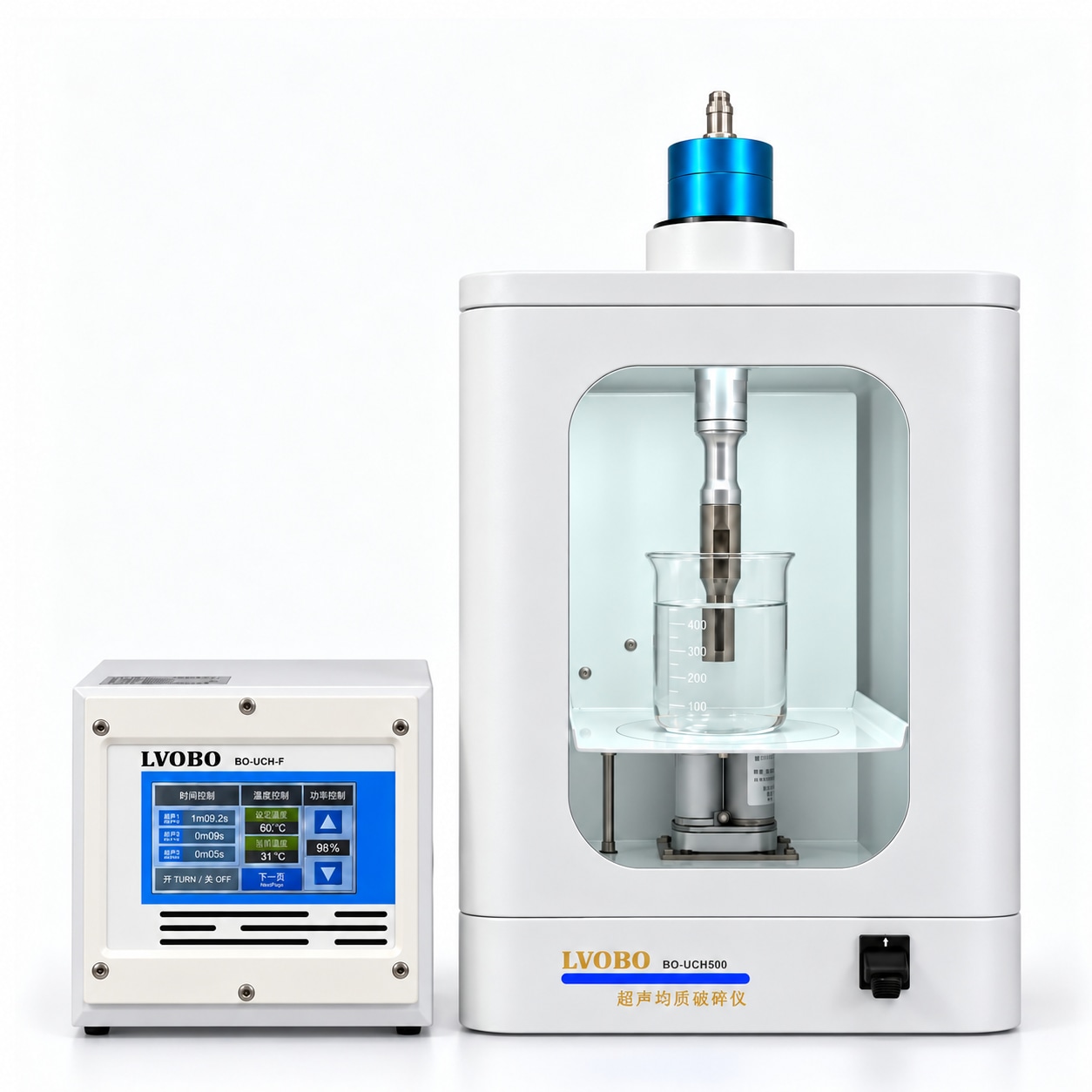 BO-UCH300F 250W probe sonicator with acoustic enclosure and touchscreen controller