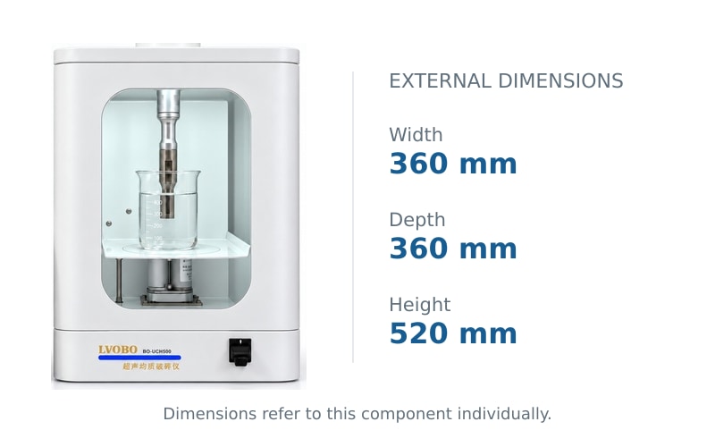 Acoustic enclosure external dimensions: width 360 mm, depth 360 mm, height 520 mm