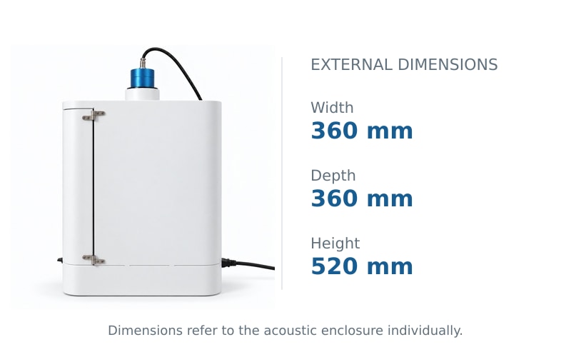 Acoustic enclosure external dimensions: width 360 mm, depth 360 mm, height 520 mm
